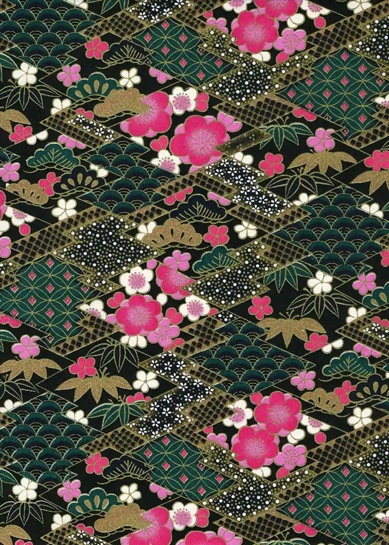 Chiyogami / Floral,geometrisch - Rauten mit Pattern gefüllt - grün