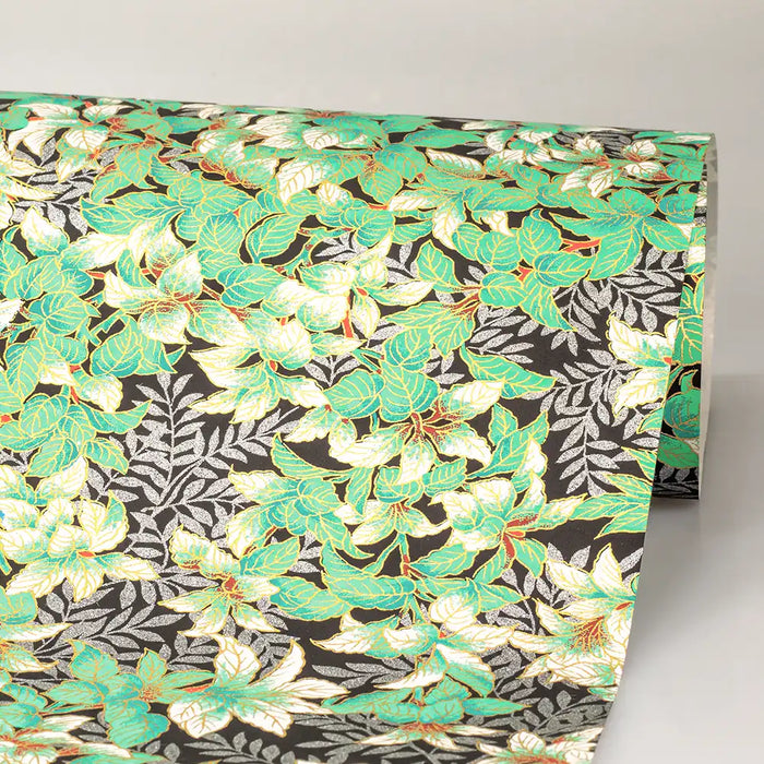 Chiyogami / Botanical - Busch - gruen silber auf schwarz