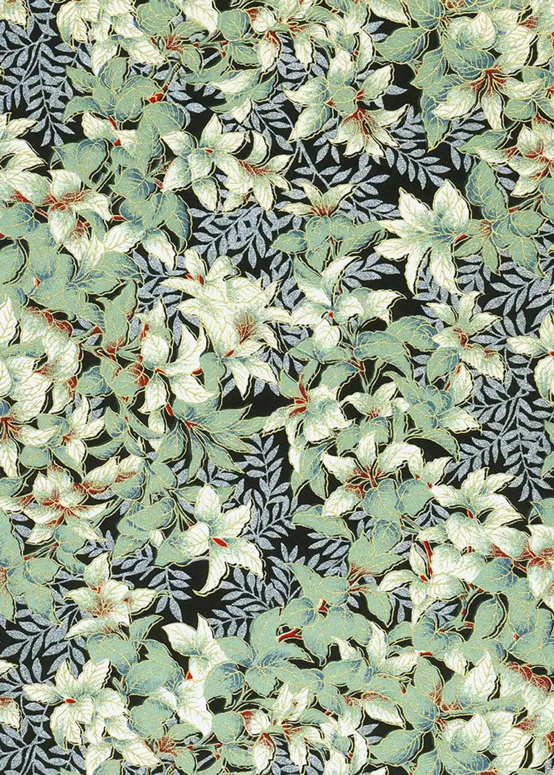 Chiyogami / Botanical - Busch - gruen silber auf schwarz
