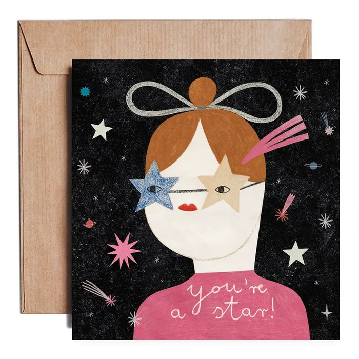 Daria-Solak-14_2x14_2cm-quadratische-Grusskarte-zum klappen-Mädchen-handgemalt-mit-Text-you-are -a-star
