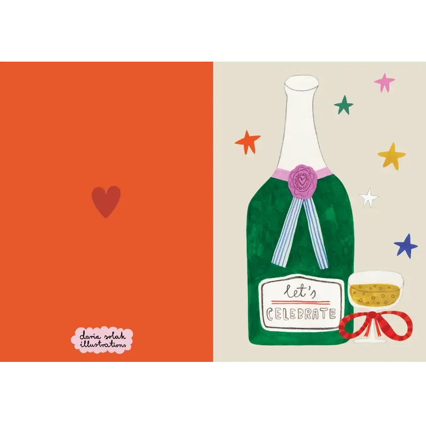 Daria-Solak-A6 Format-Klappkarte-mit-Umschlag-CHAMPAGNER-Flasche -gemalt- KArte-aufgeklappt