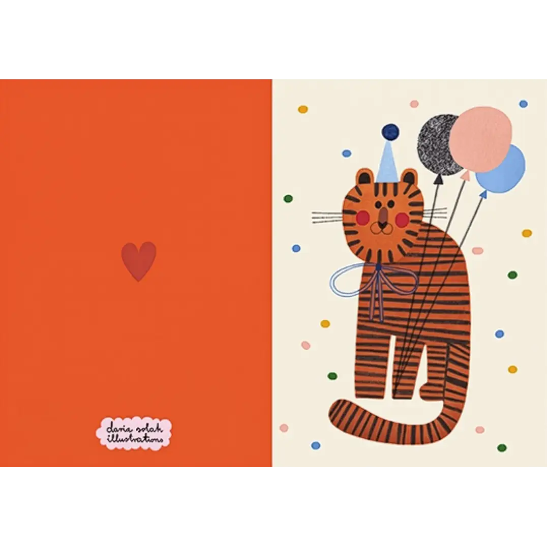 Daria-Solak-A6-Klappkarte-mit-Umschlag-PArty-tiger-mit-luftballons-handgemalt-karte- aufgeklappt