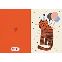 Daria-Solak-A6-Klappkarte-mit-Umschlag-PArty-tiger-mit-luftballons-handgemalt-karte- aufgeklappt