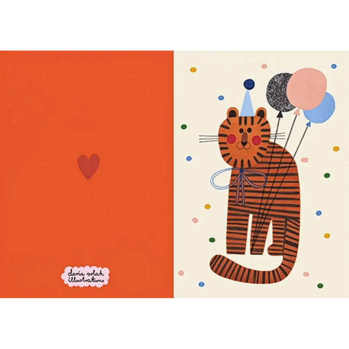 Daria-Solak-A6-Klappkarte-mit-Umschlag-PArty-tiger-mit-luftballons-handgemalt-karte- aufgeklappt