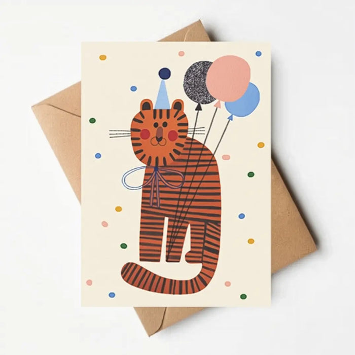 Daria-Solak-A6-Klappkarte-mit-Umschlag-PArty-tiger-mit-luftballons-handgemalt-cover-vorn