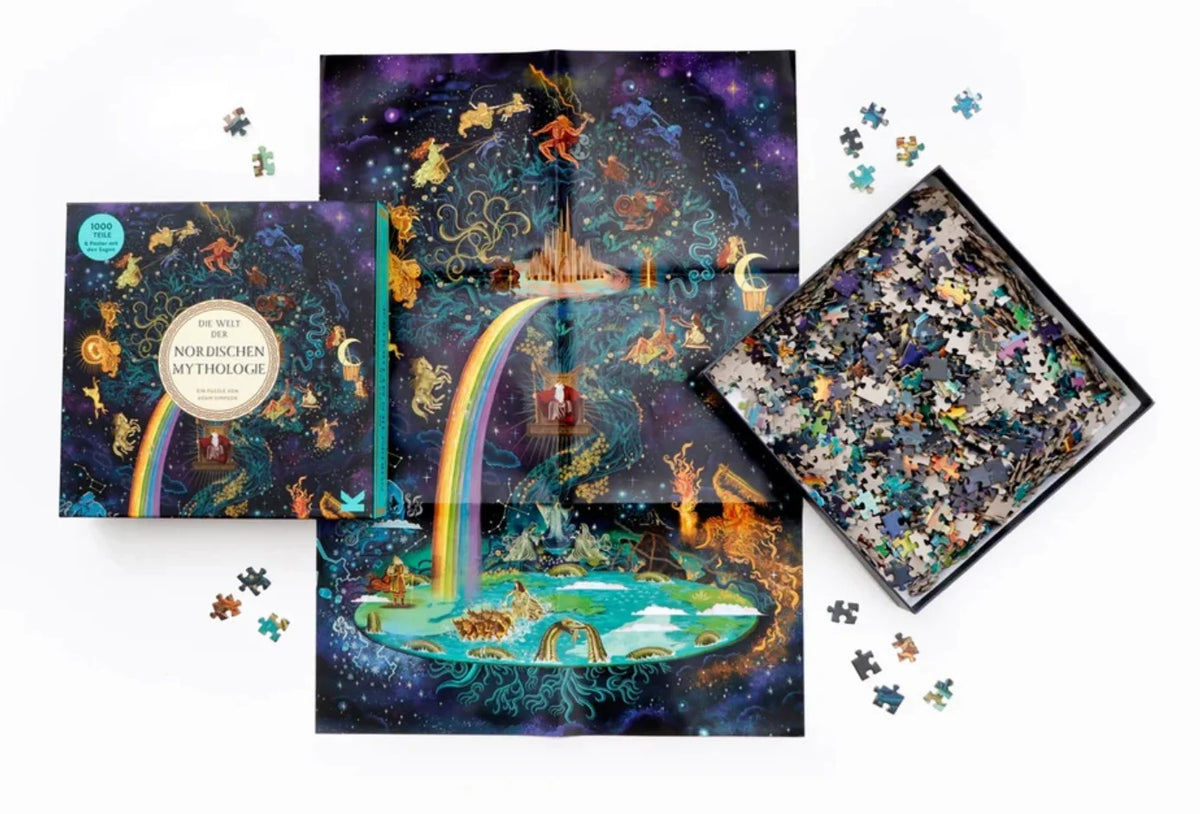Die-Welt-der-nordischen-Mythologie-1000-teilige-puzzle-box-offen-mit-Inhalt-Puzzlenteilen-und-Poster-2
