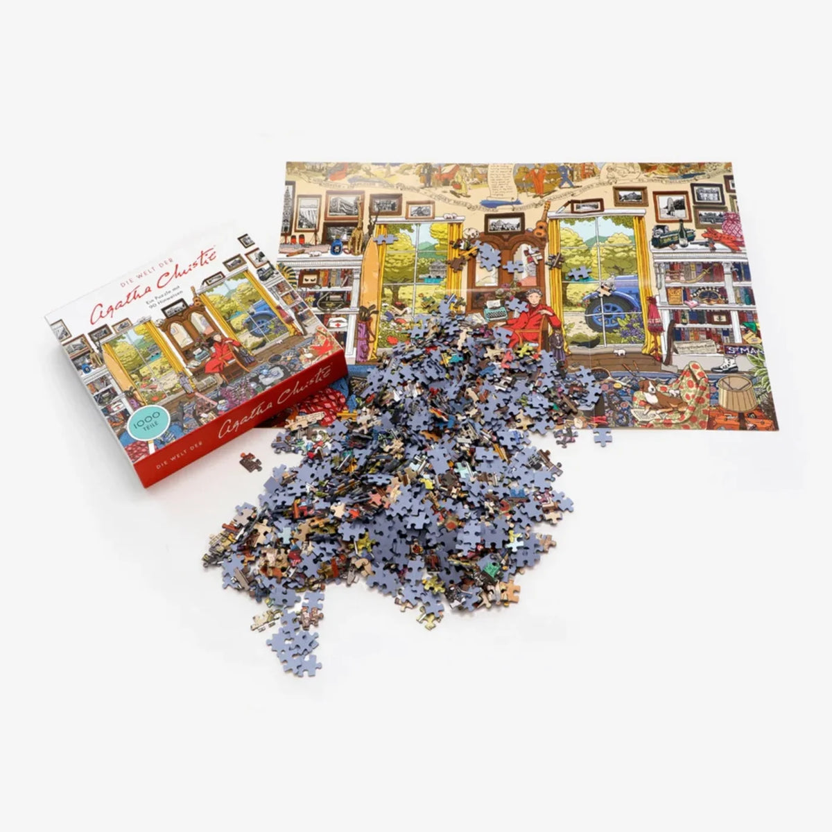 Die-Welt-von-Agatha-Christie-1000-teilige-puzzle-box-offen-mit-inhalt-und-poster