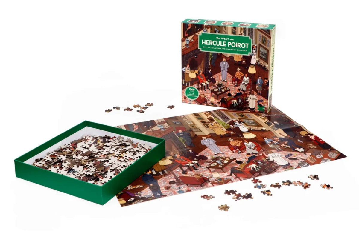 Die-Welt-von-Hercule-Poirot-1000-teilige-puzzle-box-offen-mit-Inhalt-Poster-und-puzzle