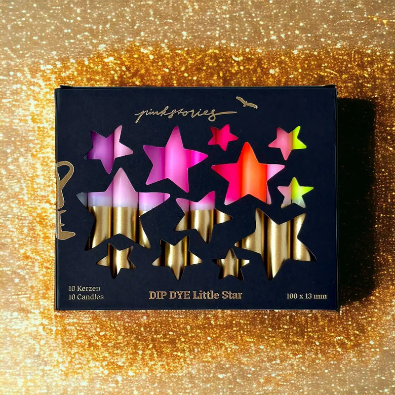 Dip-Dye-Little-Star-10-Kerzen-13mm-x-100mm-Prism-Star-Detailansicht-Alle10-Kerzen-in-Ihrer-Verpackung