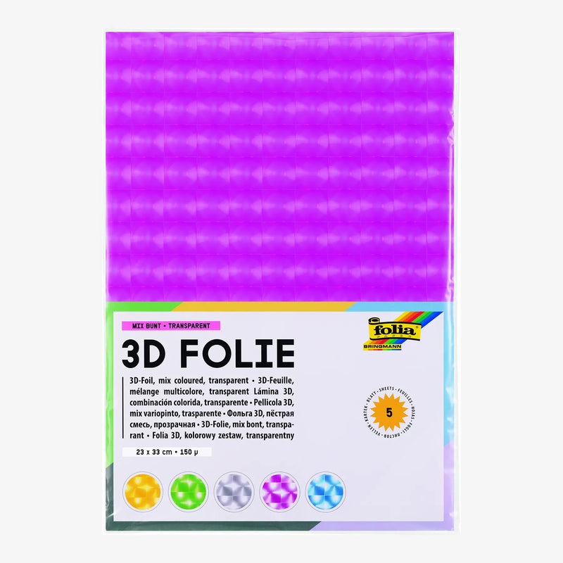 3D-Folie / MIX BUNT / 150μ / 5 Blatt / transparent / farbig sortiert / 23x33cm