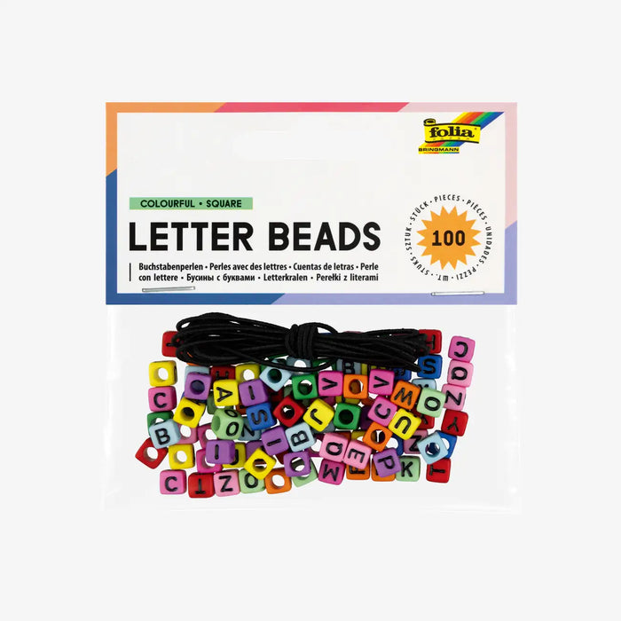 Folia-Perlen-Buchstabenperlen-eckig-100Stueck-bunt-inkl.-1m-Gummiband-Produktansicht-in-Verpackung