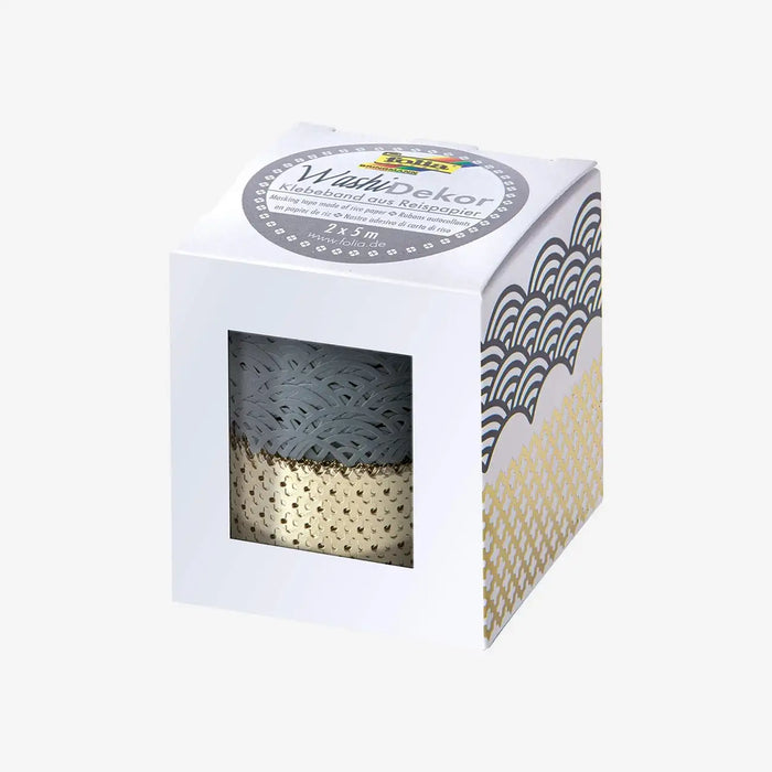 Folia-Washi-Dekor-Reispapier-gestanzt-2er-Set-grau-gold-Produkt-in-Verpackung