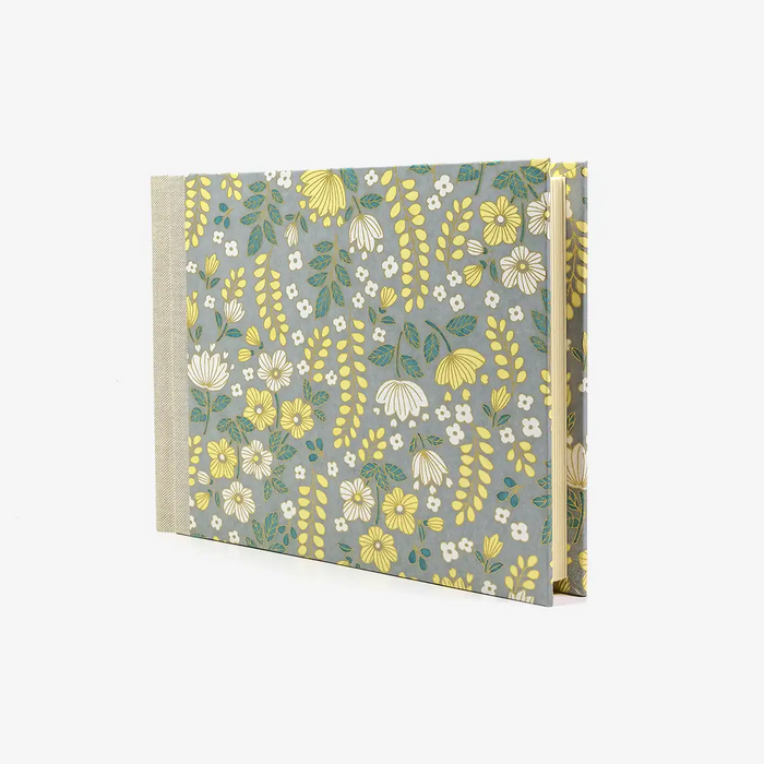 Fotoalbum-15x20cm-60Seiten-creme-Fotokarton-cover-chiyogami-Papier-Motiv-blumen-gelb-auf-grau-seitlich-vorn