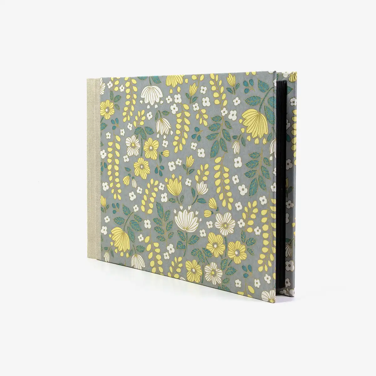 Fotoalbum-15x20cm-60Seiten-schwarzer-Fotokarton-cover-chiyogami-Papier-Motiv-blumen-gelb-auf-grau-seitlich-vorn