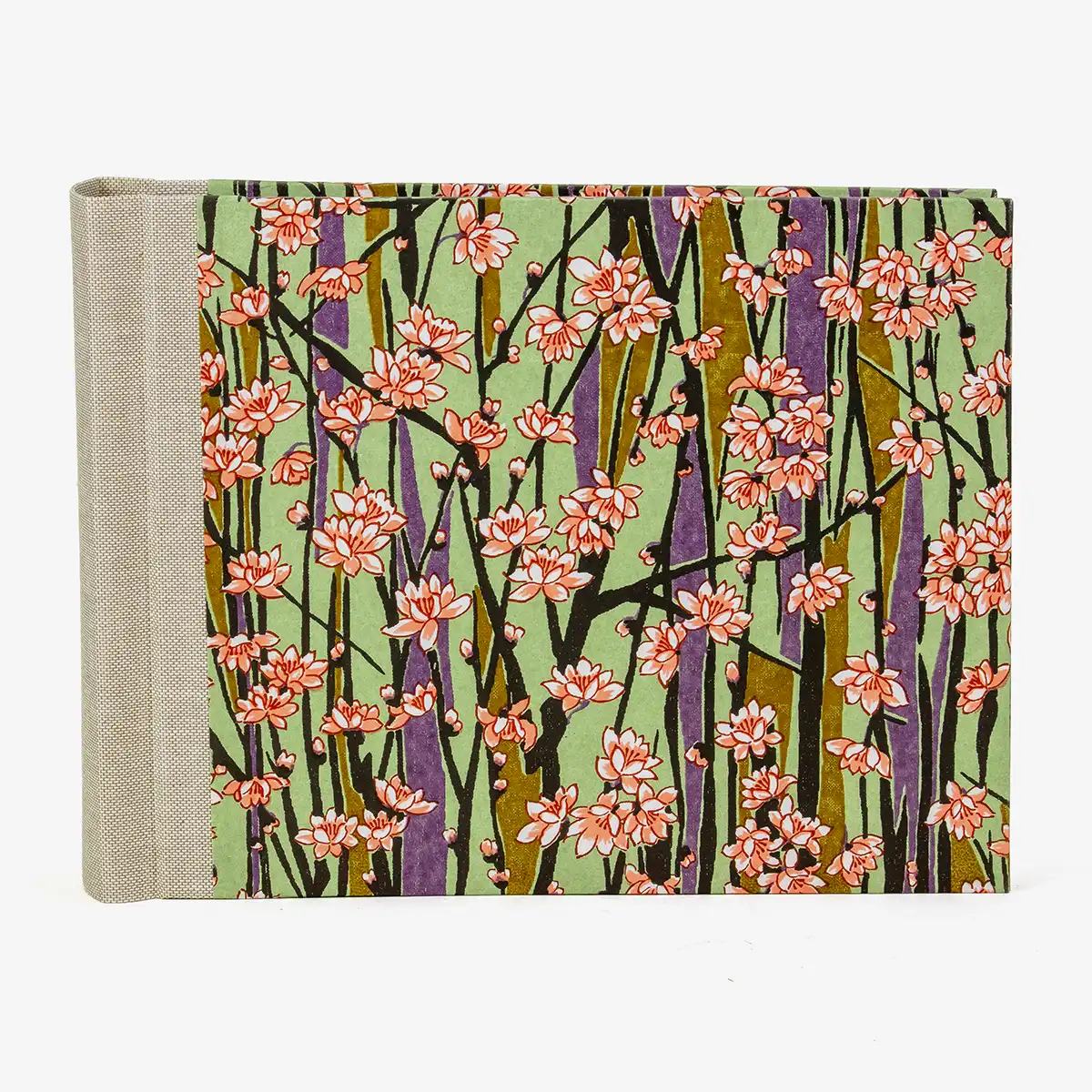 Fotoalbum-15x20cm-Blaupause-30blatt-Mit-Chiyogami-blueten-am-zweig-auf-gruenbezogen-Produktansicht-von-vorn