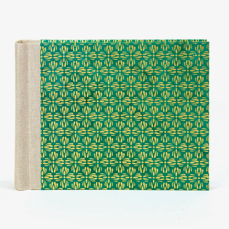 Fotoalbum-15x20cm-Blaupause-30blatt-Mit-Lokta-Papier-goldenesBluetenornamentaufgruen-bezogen-Produktansicht-von-vorn
