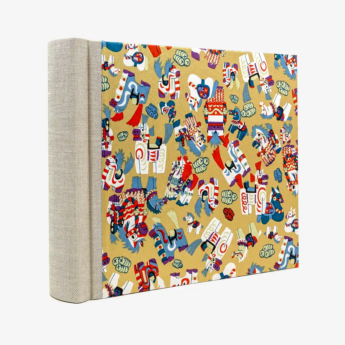 Fotoalbum-20x23cm-60Seiten-creme-Fotokarton-cover-chiyogami-Papier-Motiv-Bogen1104C-Horses-gold-seitlich-hinten