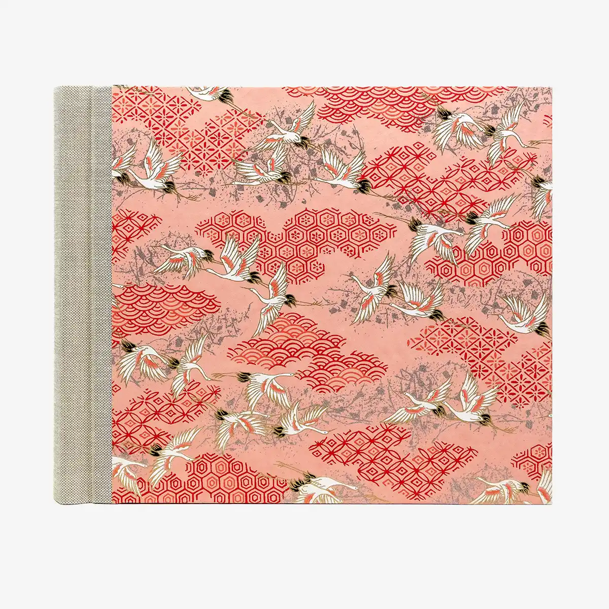 Fotoalbum-20x23cm-60Seiten-creme-Fotokarton-cover-chiyogami-Papier-Motiv-Kraniche-weiss-silber-gold-auf-pink