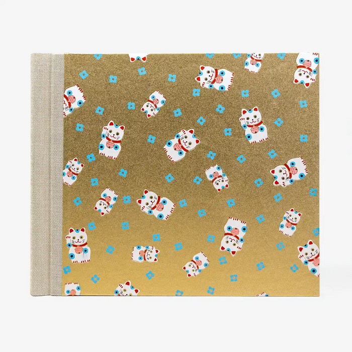 Fotoalbum-20x23cm-60Seiten-creme-Fotokarton-cover-chiyogami-Papier-Motiv-Winkekatze-golden