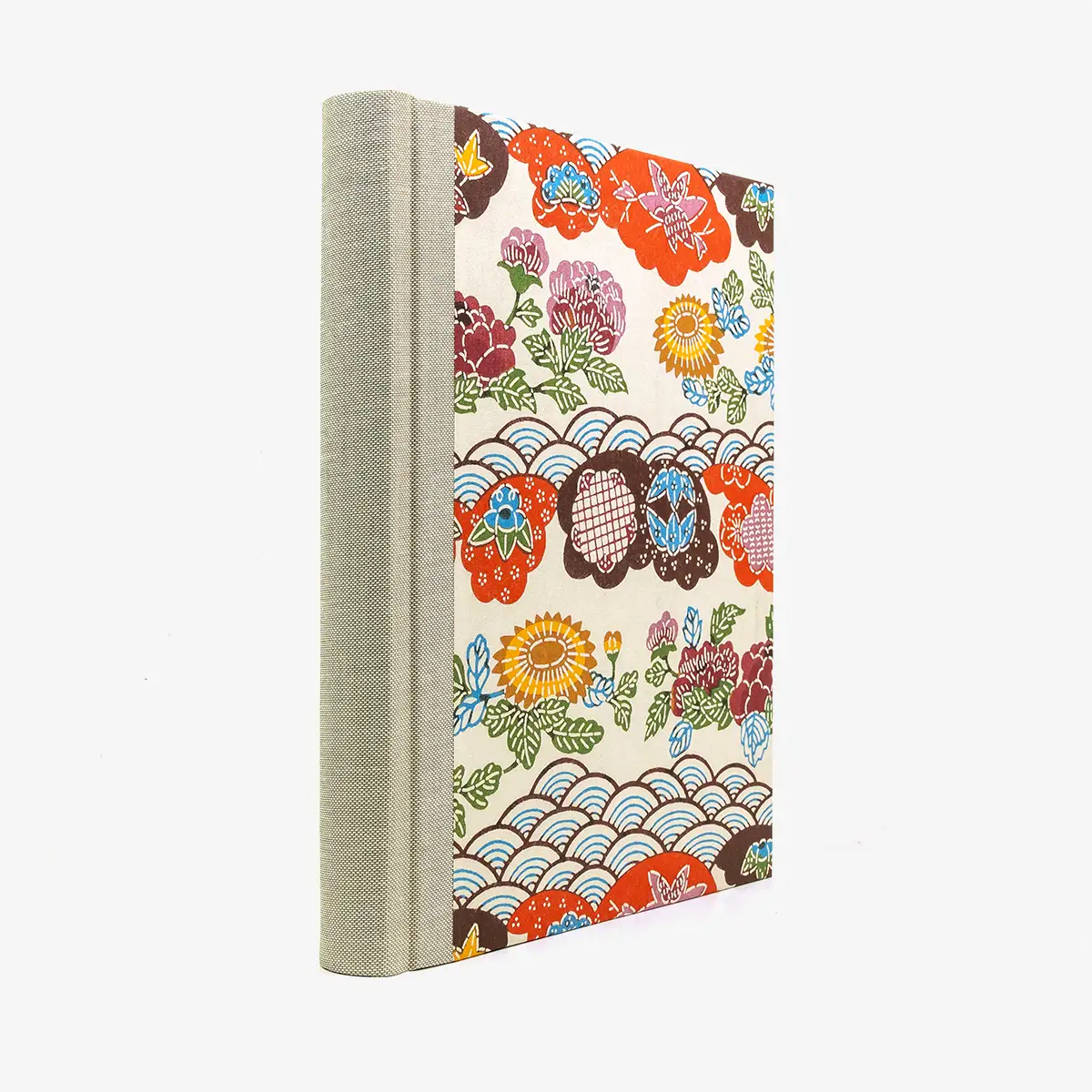 Fotoalbum-24x20cm-40-Seiten-cover-katazome-.shi-Papier-Motiv-colorfull-big-flower-with-waves-Cover-seitlich-von-hinten