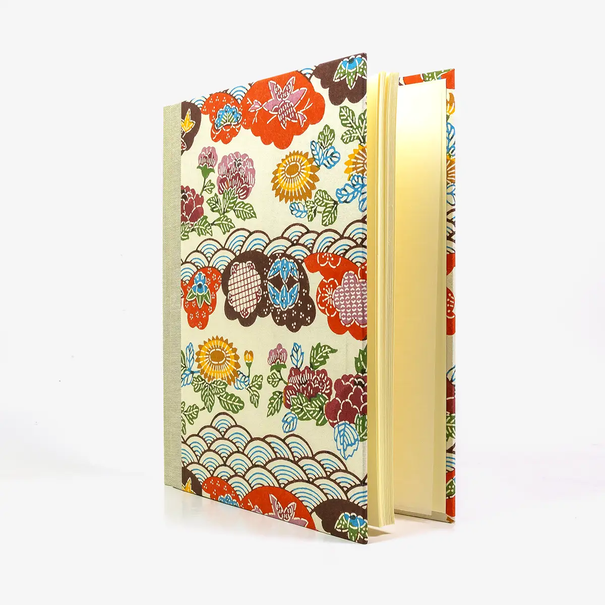 Fotoalbum-24x20cm-40-Seiten-cover-katazome-.shi-Papier-Motiv-colorfull-big-flower-with-waves-Cover-seitlich-von-vorn