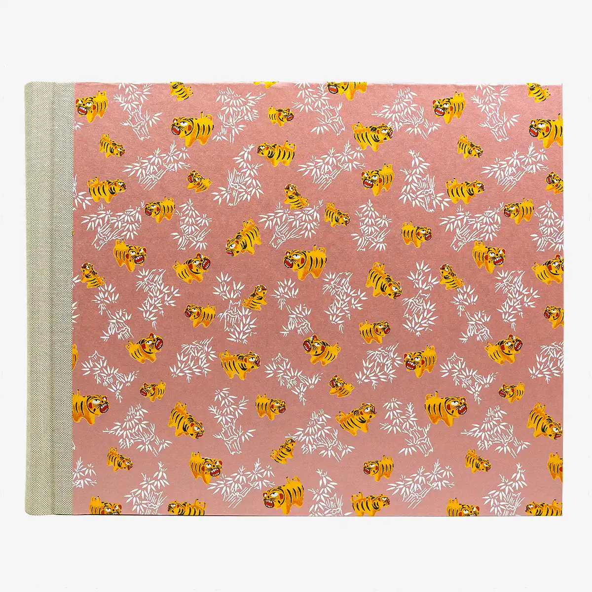 Fotoalbum-24x30cm-60-Seiten-cover-chiyogamiPapier-Motiv-Tiger-gelb-auf-Pearlrosa-Cover-von-vorn