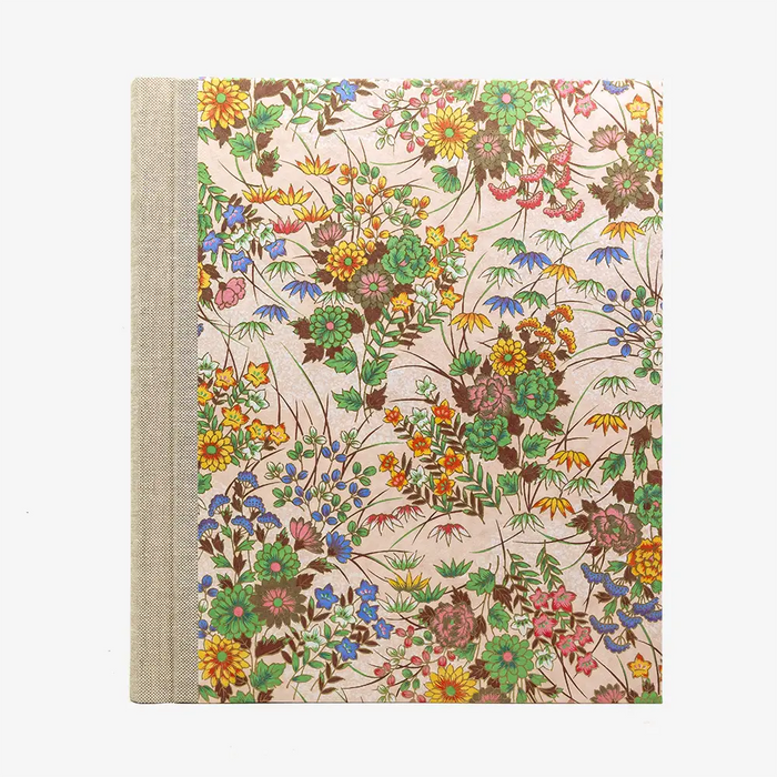 Fotoalbum-Format-24x20cm-60Seiten-creme-Fotokarton-Cover-Chiyogami-Motiv-Blumenbukett-bunt-auf-pink-von-vorn