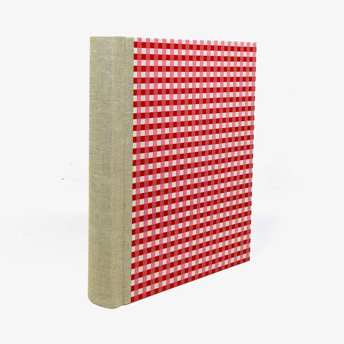 Fotoalbum-Format-24x20cm-60Seiten-creme-Fotokarton-Cover-Chiyogami-Motiv-Karos-rot-rosa-weiss-seitlich-von-hinten