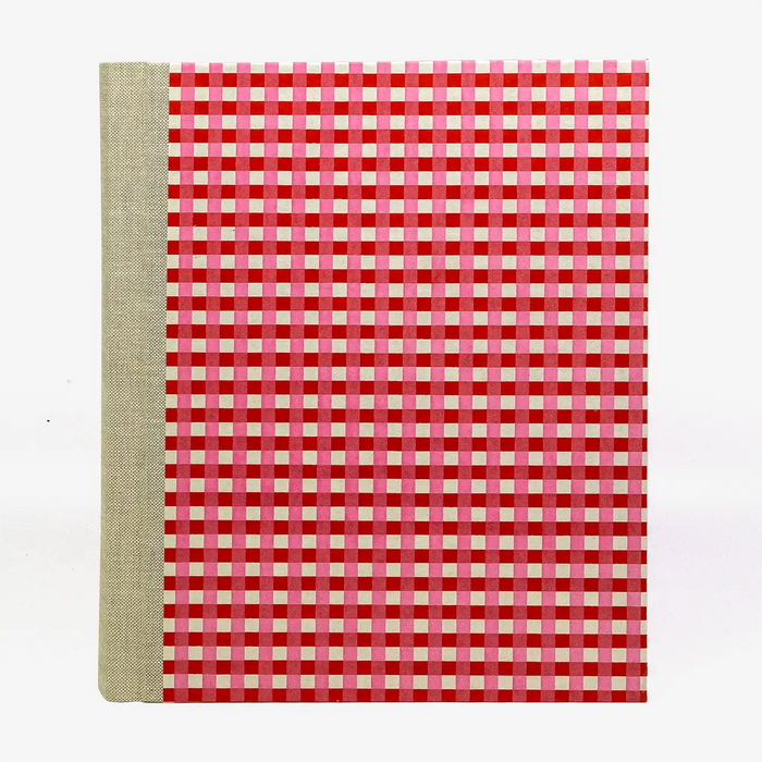 Fotoalbum-Format-24x20cm-60Seiten-creme-Fotokarton-Cover-Chiyogami-Motiv-Karos-rot-rosa-weiss-von-vorn