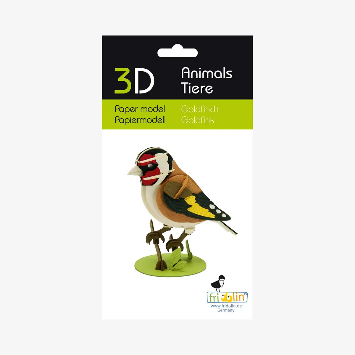 Fridolin-3D-Bastellset-tiermodell-gelasertt-Karton-3D-Papiermodell-Goldfink-Modell-Produktansicht-Verpackung