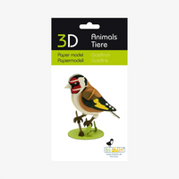Fridolin-3D-Bastellset-tiermodell-gelasertt-Karton-3D-Papiermodell-Goldfink-Modell-Produktansicht-Verpackung