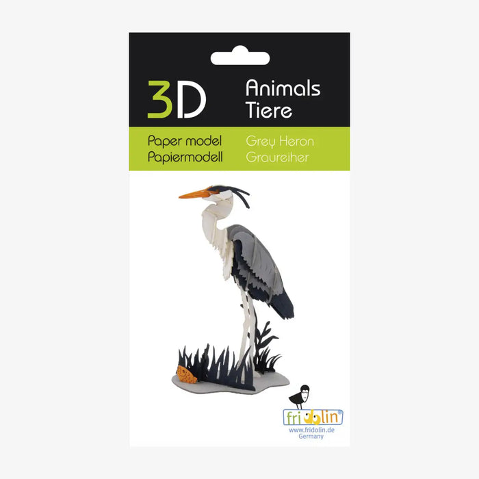 Fridolin-3D-Bastellset-tiermodell-gelasertt-Karton-3D-Papiermodell-Graureiher-Modell-Produktansicht-Verpackung