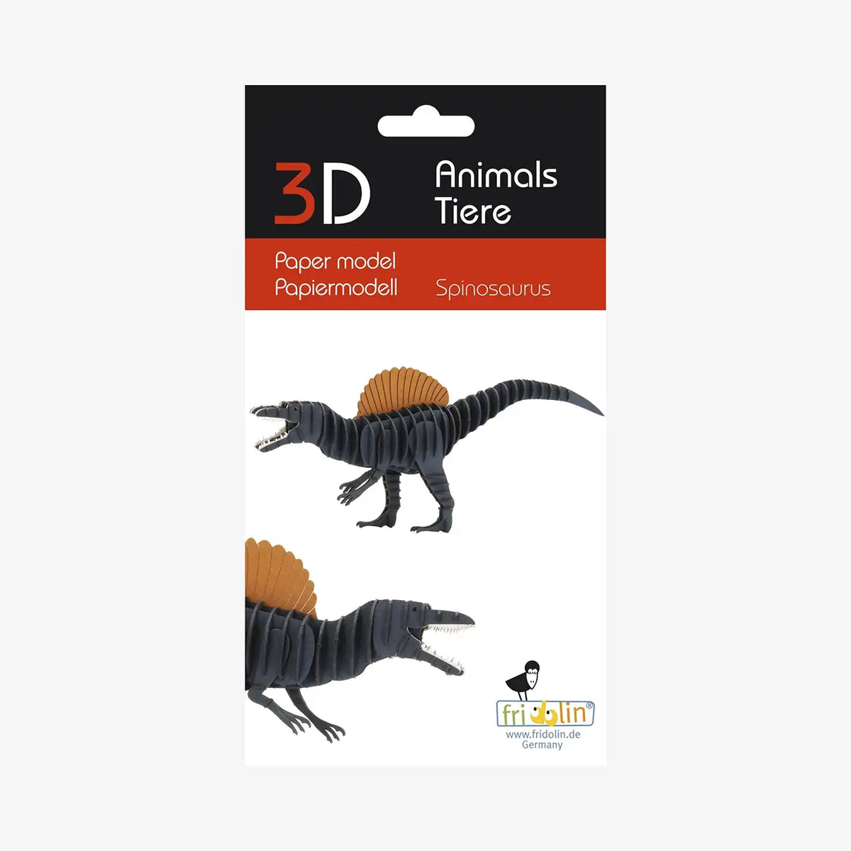 Fridolin-3D-Bastellset-tiermodell-gelasertt-Karton-3D-Papiermodell-Spinosaurus-Modell-Produktansicht-Verpackung