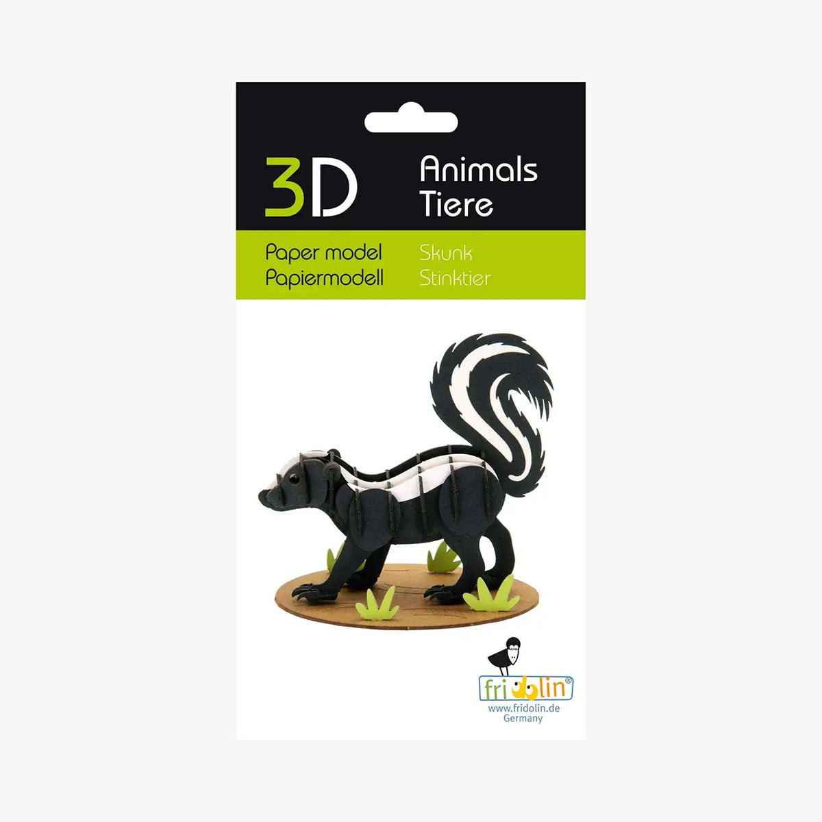 Fridolin-3D-Bastellset-tiermodell-gelasertt-Karton-3D-Papiermodell-Stinktier-Modell-Produktansicht-Verpackung