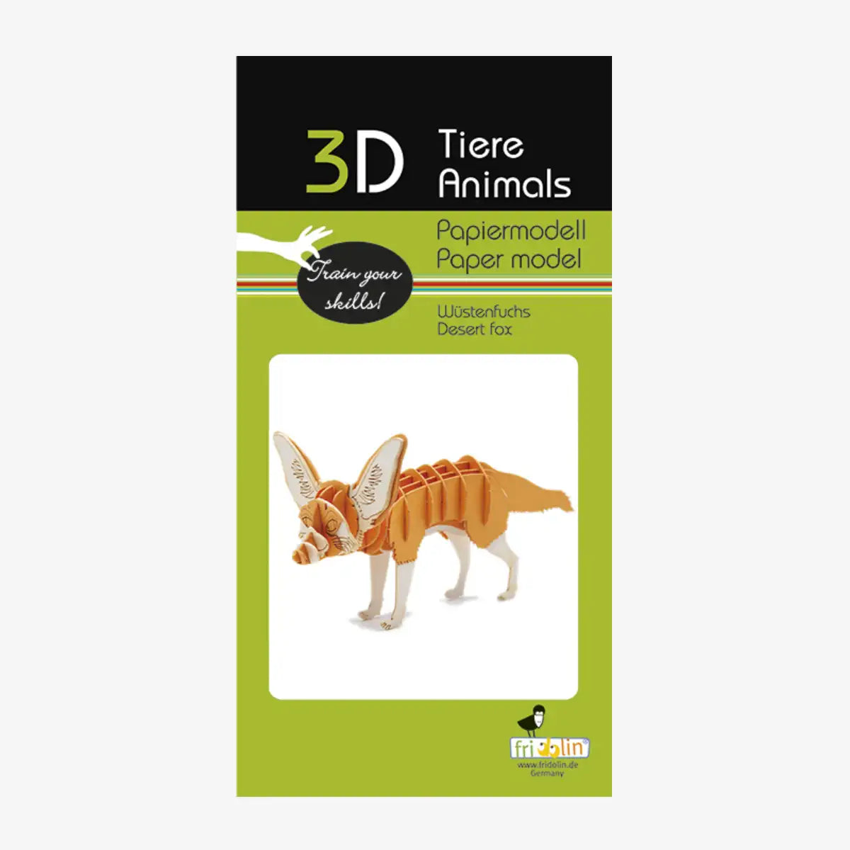 Fridolin-3D-Bastellset-tiermodell-gelasertt-Karton-3D-Papiermodell-Wuestenfuchs-Modell-Produktansicht-Verpackung