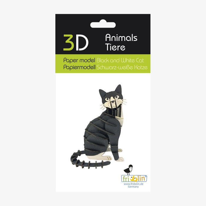 Fridolin-3D-Papiermodell-gelasert-aus-Spezialkarton-KAtze-S-W--Verpackung-ansicht-Vorderansicht