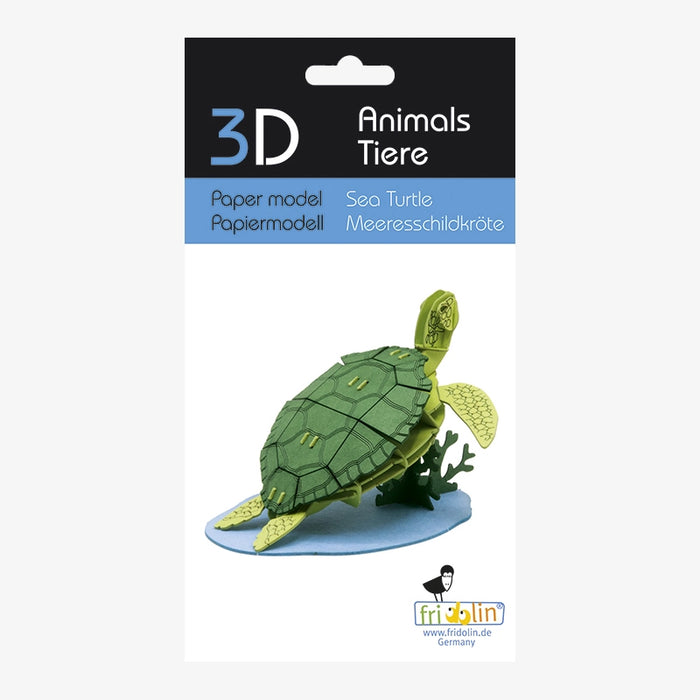 Fridolin-3D-Papiermodell-gelasert-aus-Spezialkarton-Meereschildkroete-Verpackung-ansicht-Vorderansicht