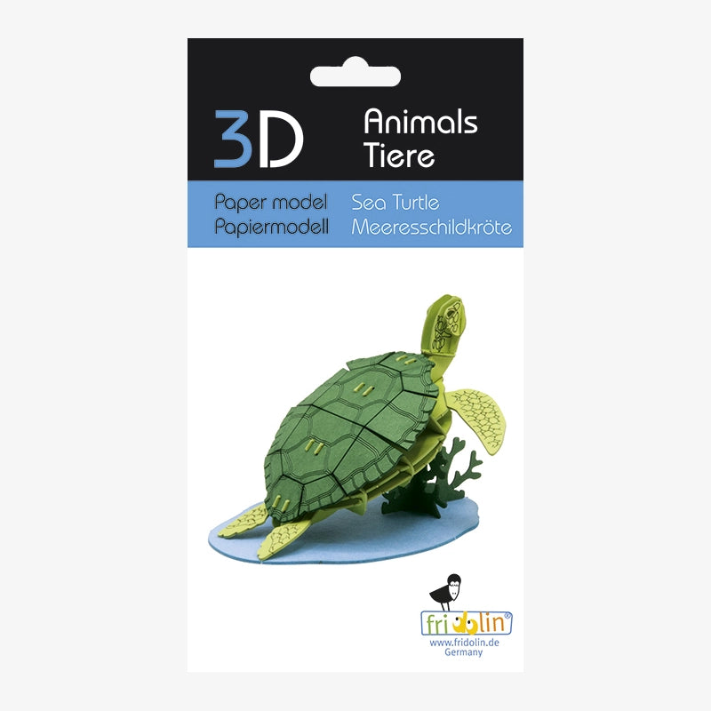 Fridolin-3D-Papiermodell-gelasert-aus-Spezialkarton-Meereschildkroete-Verpackung-ansicht-Vorderansicht
