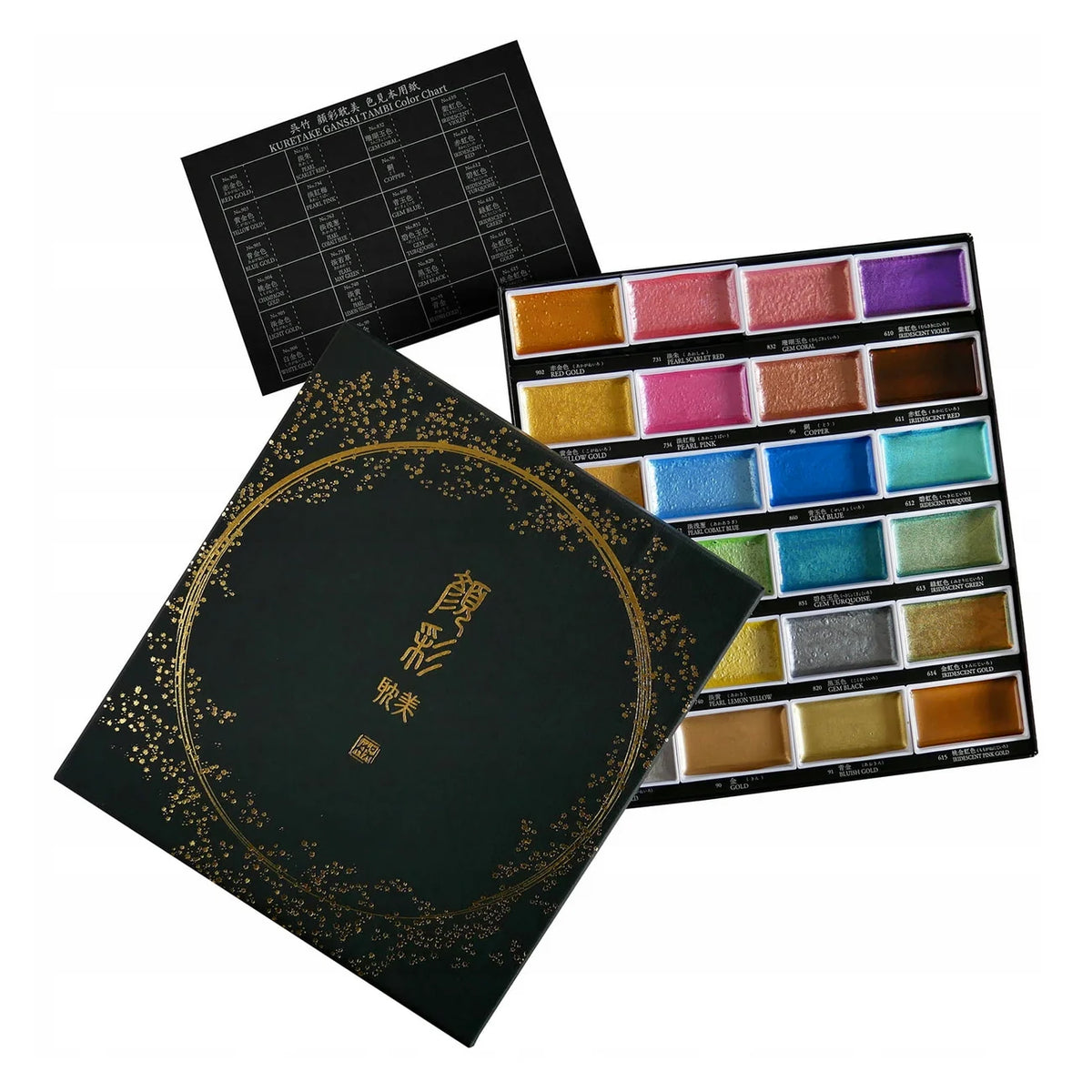 Gansai-Tambi-Aquarellset-24-COLOUR-Set-METALLIC-SET2-limitierte-Auflage-in-luxurioeser-Schwarzen-goldgepraegten-Box-offen-mit-Farbtabelle-1