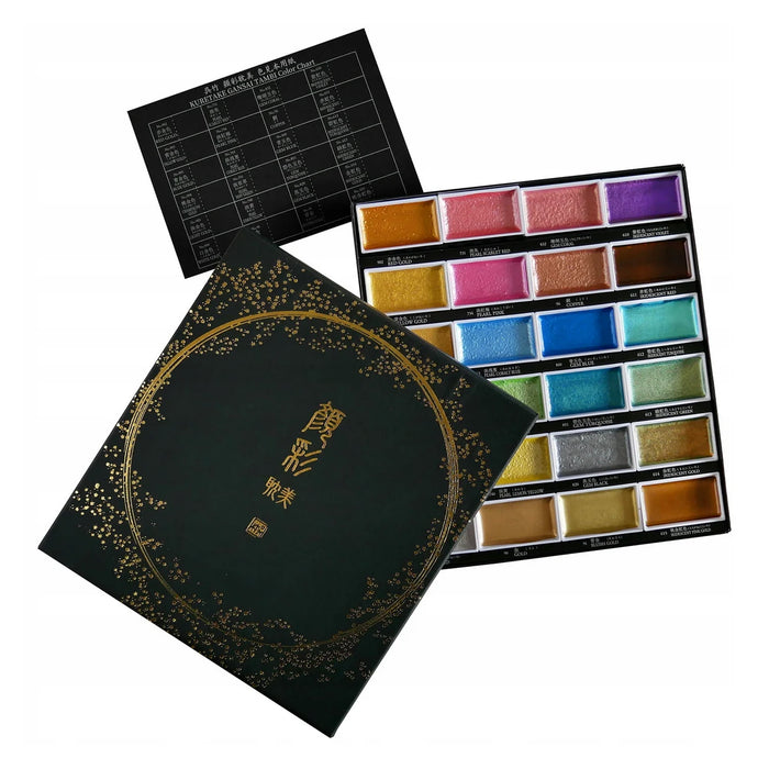 Gansai-Tambi-Aquarellset-24-COLOUR-Set-METALLIC-SET2-limitierte-Auflage-in-luxurioeser-Schwarzen-goldgepraegten-Box-offen-mit-Farbtabelle-1