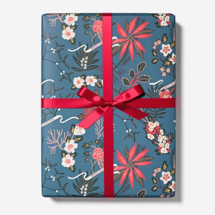 Geschenkpapier-Blue-Poin-settia-Wrap-redcapcards-Format-50-70cm-Produktansicht-Bogen-als-Geschenk