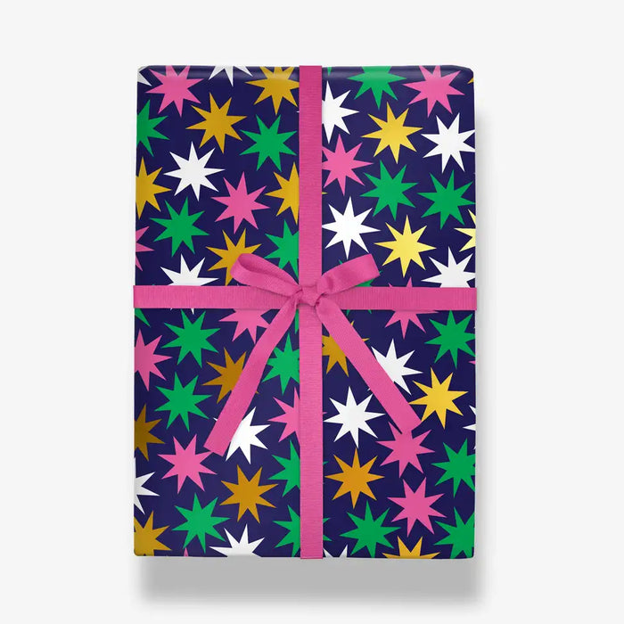 Geschenkpapier-Kelly-Hyatt-3meter-mal-70cm-gerollt-80grm-mit-goldfolie-Christmas-Star-Neon-Navy-Gold-Foiled-Roll-Wrap-Produktansicht-als-Geschenkverpackung