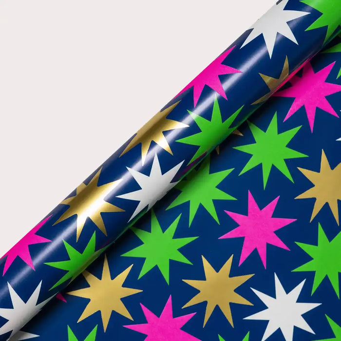 Geschenkpapier-Kelly-Hyatt-3meter-mal-70cm-gerollt-80grm-mit-goldfolie-Christmas-Star-Neon-Navy-Gold-Foiled-Roll-Wrap-Produktansicht-aufgerollt-detailansicht