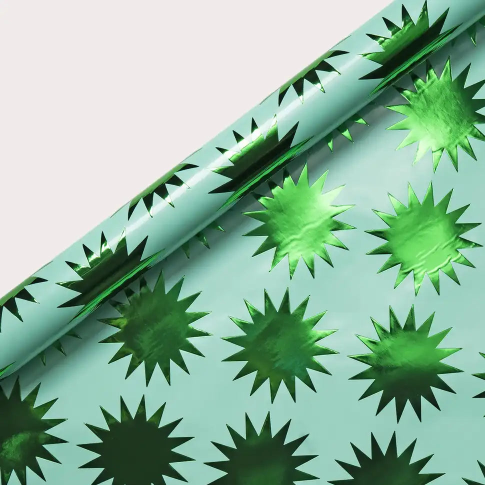 Geschenkpapier-Kelly-Hyatt-3meter-mal-70cm-gerollt-80grm-mit-goldfolie-Frankincense-Starburst-Green-Foil-Roll-Wrap-Produktansicht-aufgerollt-detailansicht