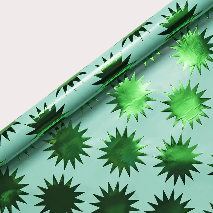 Geschenkpapier-Kelly-Hyatt-3meter-mal-70cm-gerollt-80grm-mit-goldfolie-Frankincense-Starburst-Green-Foil-Roll-Wrap-Produktansicht-aufgerollt-detailansicht