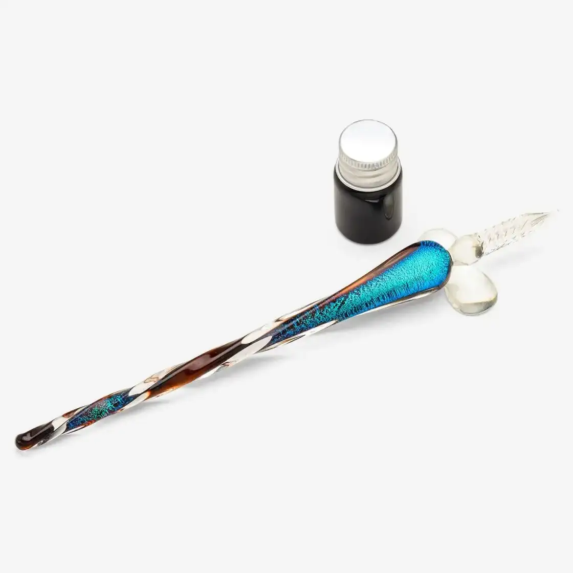 Glasfeder-blau-gruen-19cm-mit-Ablage-5ml-schwarze-Tusche-Produktansicht