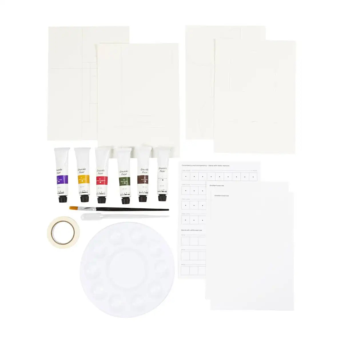 Gouache-Kreativ-box-6-tuben-Farbe-aqaurellpapier-Palette-pipette-Anleitung-Kreppband-Pinsel-Inhalt