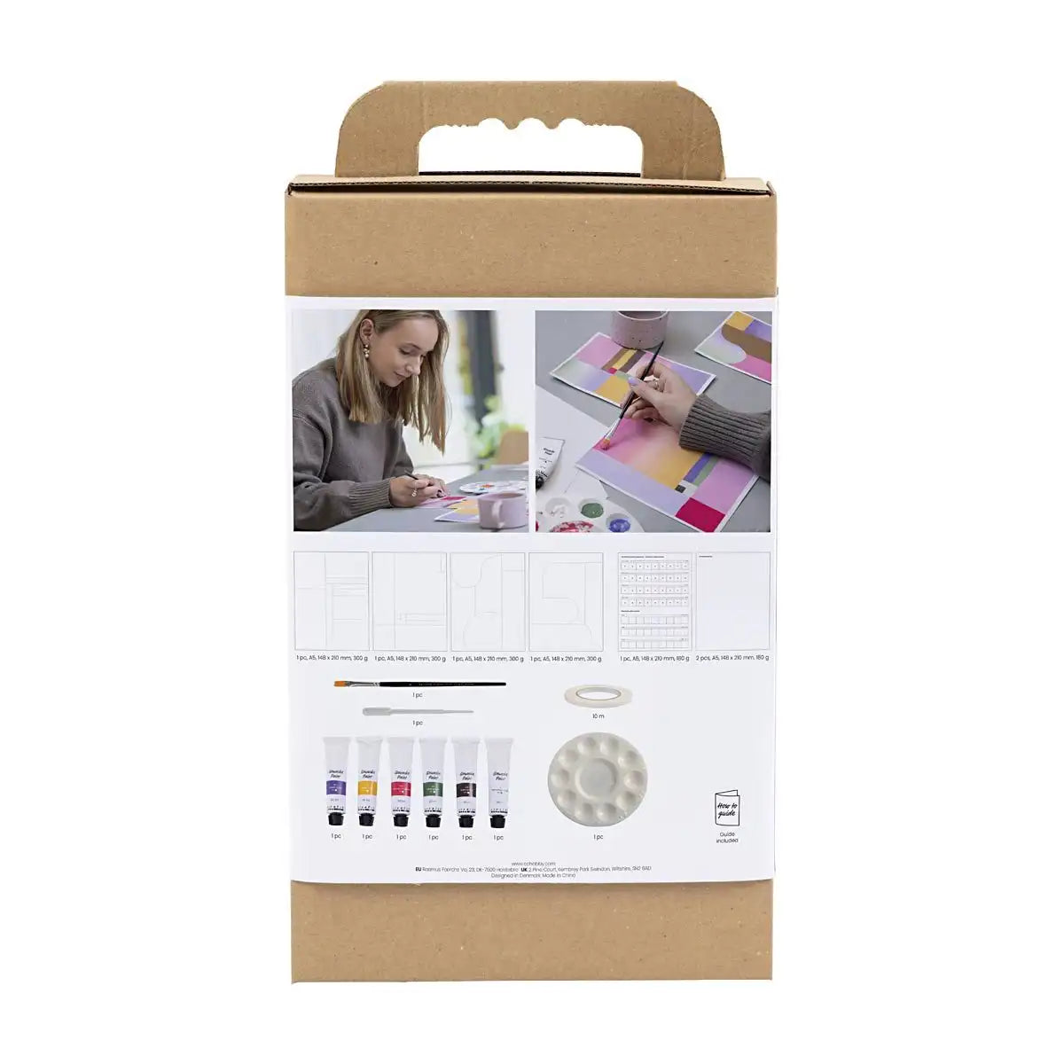 Gouache-Kreativ-box-6-tuben-Farbe-aqaurellpapier-Palette-pipette-Anleitung-Kreppband-Pinsel-Verpackung-Rueckseite