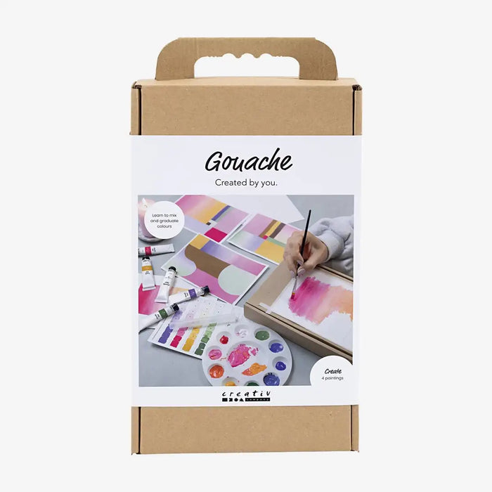 Gouache-Kreativ-box-6-tuben-Farbe-aqaurellpapier-Palette-pipette-Anleitung-Kreppband-Pinsel-Verpackung-Vorderseite