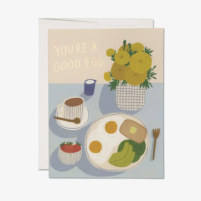 Grusskarte-A6-Red-cap-cards-Klappkarte-You_re-a-Good-Egg-greeting-card_-Produktansicht-Karte-mit-umschlag